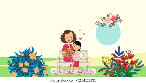 Image of mother with daughter icon over plants. retro future and social media concept digitally generated image. - Shutterstock ID 2134125831