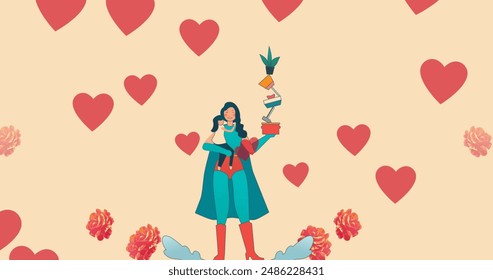 Image of mother and daughter in superhero costumes over yellow background with hearts. Family and adoption concept digitally generated image. - Powered by Shutterstock