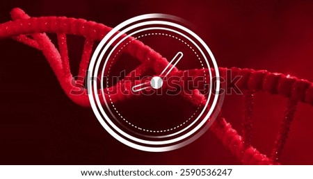Image of moving clock over dna strand on red background. Global science, medicine and digital interface concept digitally generated image.
