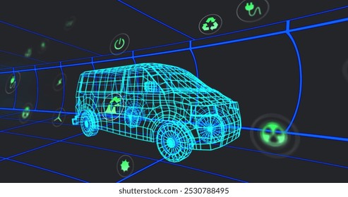 Image of multiple digital icons over 3d van model moving in seamless pattern in a tunnel. Automobile engineering and sustainable energy concept