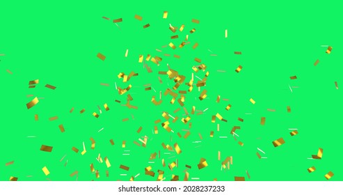 Image Of Multiple Glowing Gold Confetti Flying Up On Green Screen Background. Colour And Movement Concept Digitally Generated Image.