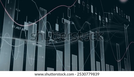 Image of multiple graphs with changing numbers over graphs against black background. Digitally generated, hologram, illustration, business, growth, abstract and business concept.