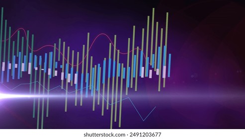 Image of multiple graphs and lens flare against abstract background. Digitally generated, hologram, report, finance, business, light, illuminated, multicolored, database and technology concept.
