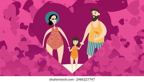 Image of multiple hearts over happy family with daughter at beach on pink background. Valentine's day, love and celebration concept, digitally generated image. - Powered by Shutterstock