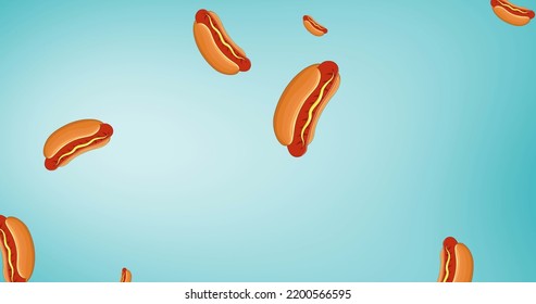 Image Of Multiple Hot Dogs Floating On Blue Background. Fast Food And Eating Concept Digitally Generated Image.