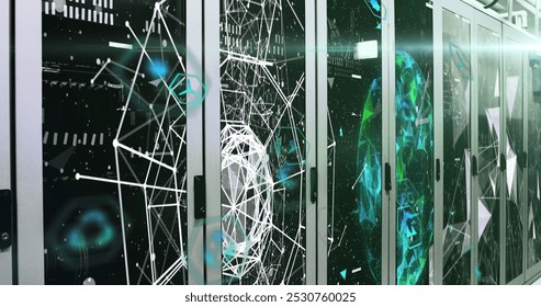 Image of multiple icons, connected dots and globe over data server systems. Digital composite, communication, hazardous, recycle, globalization, data center, networking and technology concept.