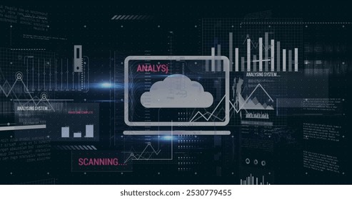 Image of multiple icons over texts, graphs and computer language against black background. Digitally generated, hologram, illustration, report, business, cloud computing, coding and technology. - Powered by Shutterstock - Get 15% off with code: PIKWIZARD15
