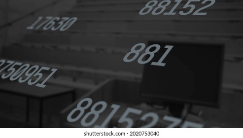 Image of multiple numbers changing over computer and empty university room. counting and mathematics concept digitally generated image.