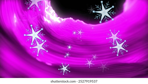 Image of multiple star icons floating over purple digital waves against black background. Technology background concept