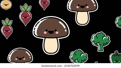 Image of mushrooms and vegetables moving on black background. Food, fruits, vegetable and world vegan day concept digitally generated image. - Powered by Shutterstock