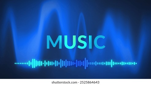 Image of music text and frequency meter over blue soundwaves on black background. Social media, music, entertainment, sound, digital interface and communication digitally generated image. - Powered by Shutterstock