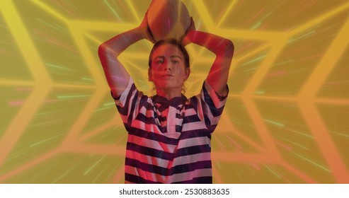 Image of neon pattern over female rugby player on neon background. Sports and communication concept digitally generated image. - Powered by Shutterstock