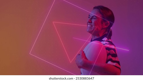 Image of neon pattern over female rugby player on neon background. Sports and communication concept digitally generated image. - Powered by Shutterstock