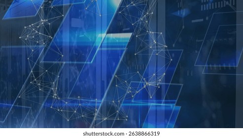 Image of network of connections and blue square shapes over computer server room. Global networking and business storage technology concept