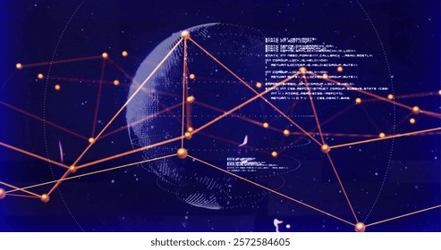 Image of network of connections and data processing over globe. Global connections, computing and data processing concept digitally generated image.