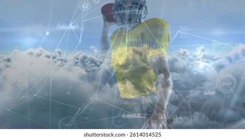 Image of network of connections and data processing over american football player and clouds. sport and celebration concept digitally generated image.