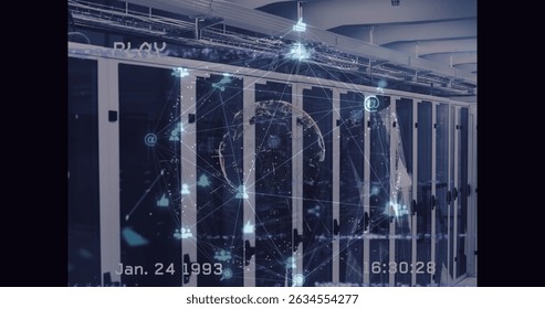 Image of network of connections with globe and glitch over server room. Global network, connections and technology concept digitally generated image. - Powered by Shutterstock - Get 15% off with code: PIKWIZARD15