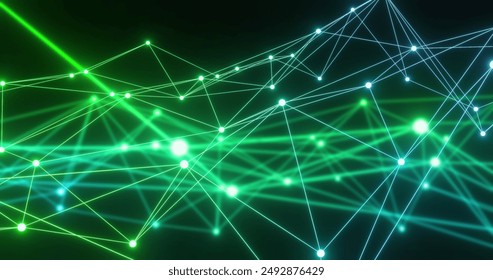 Image of network of connections with glowing nodes over black background. Global connections, computing and data processing concept digitally generated image.