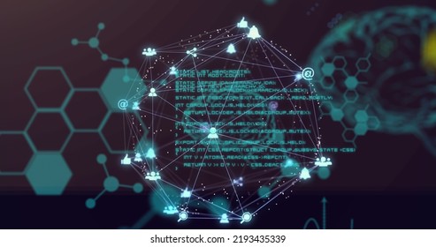 Image Of Network Of Connections With Human Brain. Global Medical Research Technology And Digital Data Sharing Concept Digitally Generated Image.