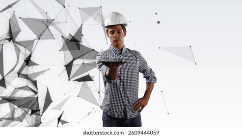 Image of network of connections over male architect holding tablet on white background. global connections, technology and digital interface concept digitally generated image.