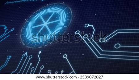 Image of network of connections and scope scanning on black background. Social media, technology and digital interface concept digitally generated image.