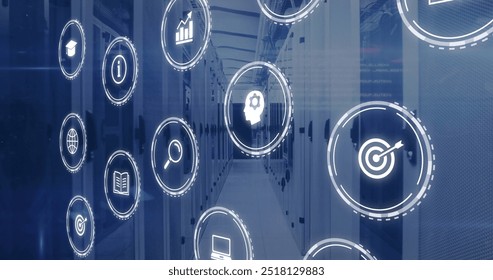 Image of network of digital icons and computer servers. Global cyber security, connections, computing and data processing concept digitally generated image.