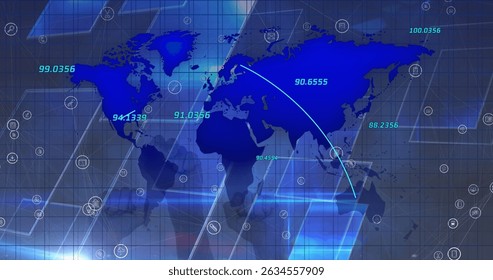 Image of network of digital icons and multiple numbers over world map against protests hands. Computer interface and business technology concept