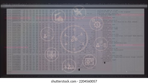 Image of network of digital icons over data processing against black background. Computer interface and business technology concept