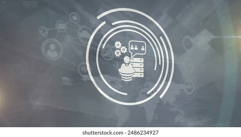 Image of network of digital icons over grey background. digital interface, connection and communication concept digitally generated image.