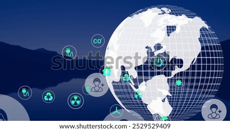 Image of network of eco and environmentally friendly icons over globe. global networks, environment and digital interface concept digitally generated image.