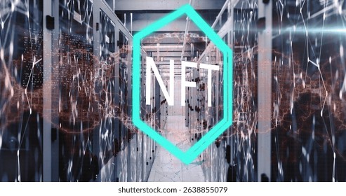 Image of nft text over neon hexagonal banner and human brain spinning against server room. Medical research and cryptocurrency business technology concept