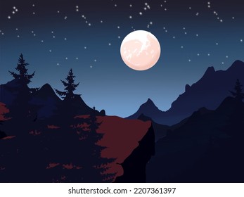 Image At Night With A Beautiful View Of The Moon In The Mountains. Lofi. Aesthetic