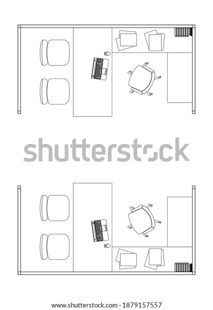 2d Cad図面の上からのオフィスの個室とワークステーションのイメージ 白黒で描画 従業員のデスクは チームでの作業 を容易にするためにグループに分けて配置されます のイラスト素材