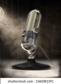 The Image Of An Old Vintage Microphone, Stylized As An Old Halftone Photo, Yellowed With Time. 3 D Illustration.