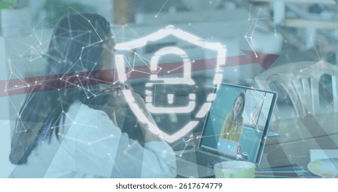 Image of online security padlock over caucasian businesswoman on laptop image call. business, finance and data processing concept digitally generated image.