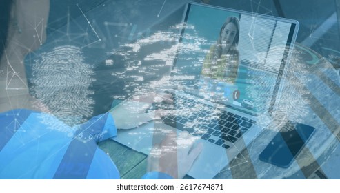 Image of online security padlock over caucasian businesswoman on laptop image call. business, finance and data processing concept digitally generated image.