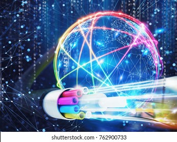 Image of an optical fiber with lights effects. 3D Rendering
