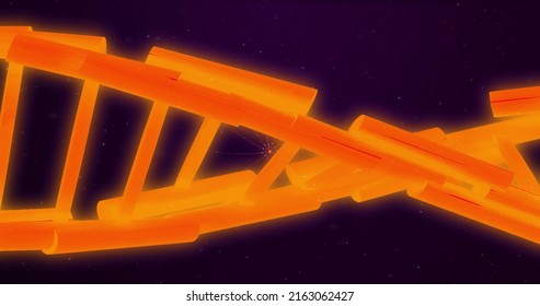 Image Of Orange Dna Strand Spinning With Orange Light Trails On Black Background. Science And Research Concept Digitally Generated Image.