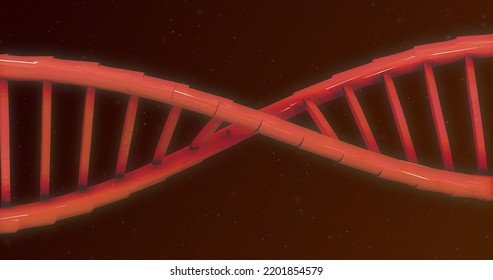 Image Of Orange Glowing Double Helix Dna Strand With Light Trails Spinning On Red Background. Medicine Genetics Science Concept Digitally Generated Image.