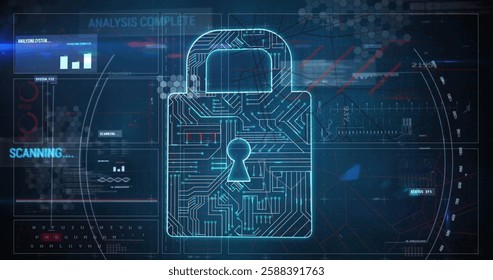 Image of padlock and digital data processing over computer servers. Global cyber security, connections, computing and data processing concept digitally generated image.