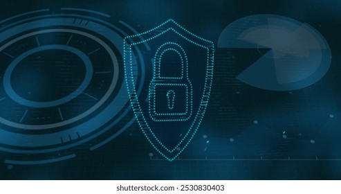 Image of padlock over scanners data processing, on dark interface. Global communication, business, data security and digital interface concept digitally generated image.
