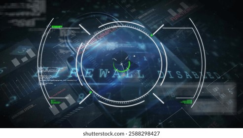 Image of padlock, scope scanning over network of connections on dark background. Global finance, business, connections, computing and data processing concept digitally generated image.