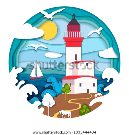 Image from paper layers with a lighthouse by the sea, a ship on the waves and birds in the sky