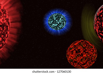The image of parade of different multicolour bright planets