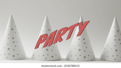 Image of party text over party white party hats in background. Birthday party, festivity and celebration concept digitally generated image. - Powered by Shutterstock