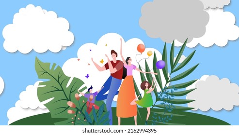 Image Of People And Plants Over Sky With Clouds. National Clean Air Day And Celebration Concept Digitally Generated Image.