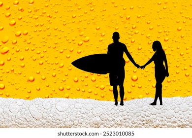 Image of a person playing and holding a surfboard on the beach, waves made from beer and beer foam, suitable for advertising and food and beverage media. - Powered by Shutterstock