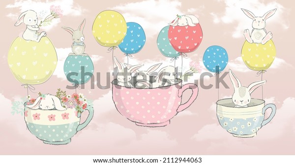 image for photo wallpapers and frescoes. Balloons in the sky. Balloons and airplanes. Animals on balloons. Illustration for children.