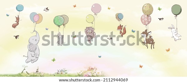 image for photo wallpapers and frescoes. Balloons in the sky. Balloons and airplanes. Animals on balloons. Illustration for children.