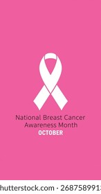 The image is a pink background design promoting National Breast Cancer Awareness Month, observed in October. It features a large white breast cancer awareness ribbon and bold white and pink text highl